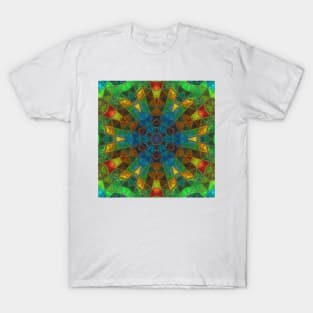 Mosaic Kaleidoscope Flower Blue Green and Yellow T-Shirt